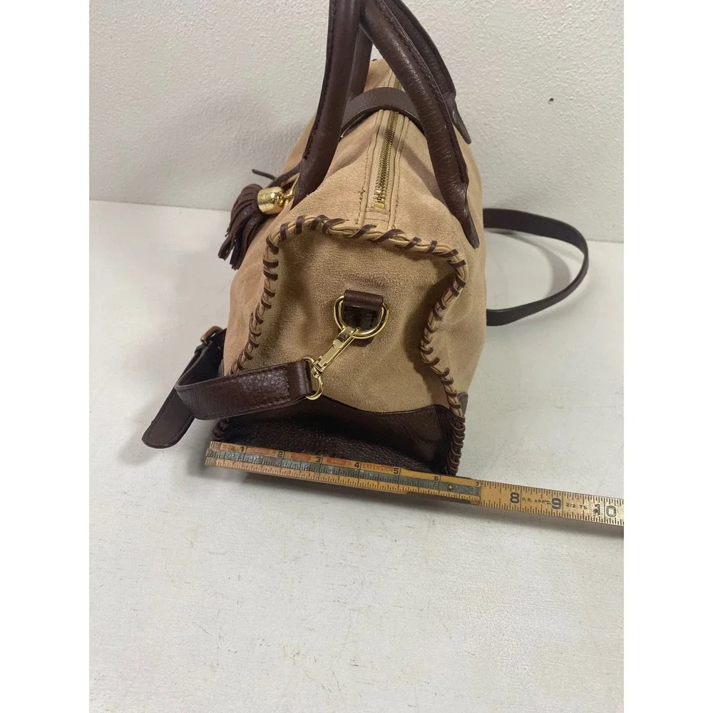 Talbots Tan Suede Brown Leather Whipstitch Tassel Satchel Crossbody Bag Purse
